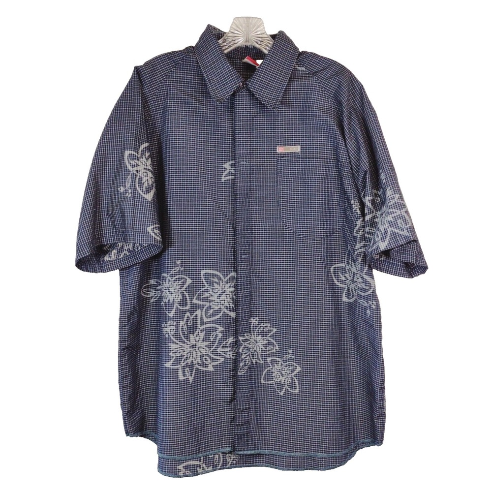 Ocean Pacific Mens L Blue‎ Hibiscus Check Short Sleeve Button Down Shirt 621024